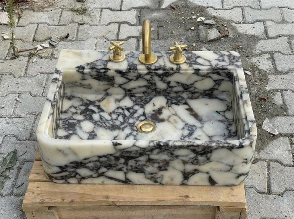 Handcarved Calacatta Viola marble vessel sink by Marblyart, custom made to order — photo 10 of 12