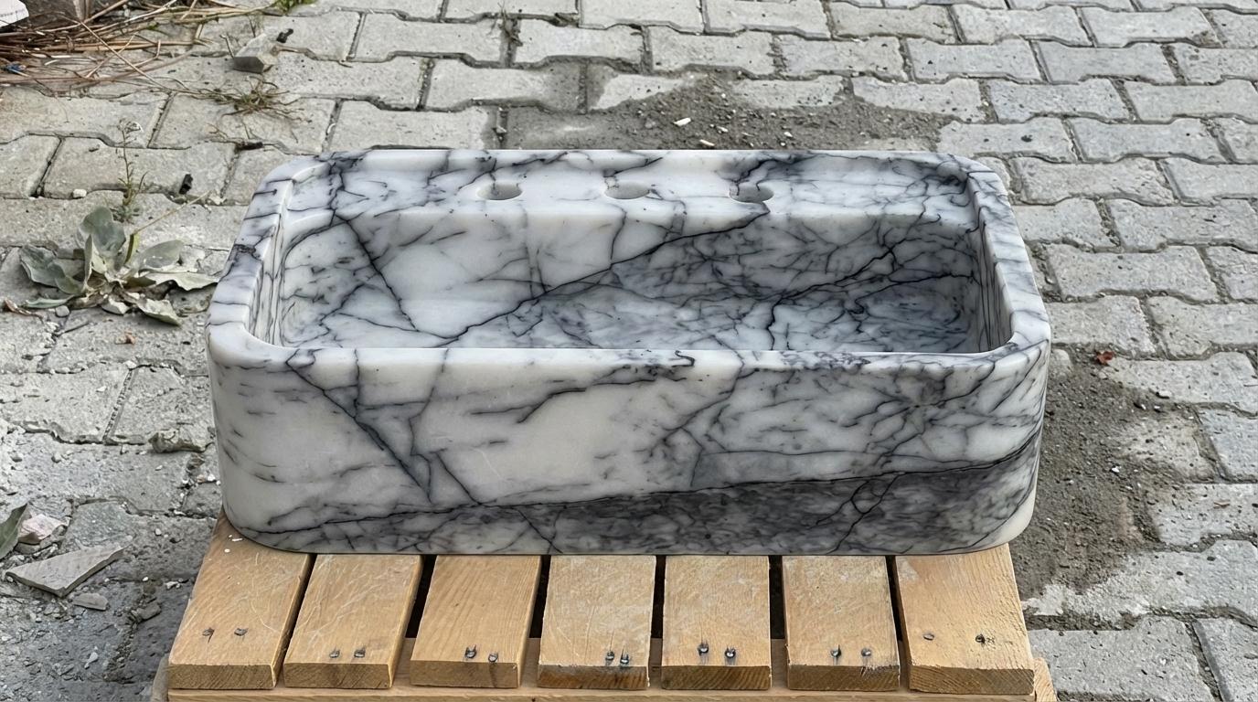 Handcarved Lilac marble vessel sink by Marblyart, custom made to order — photo 14 of 15