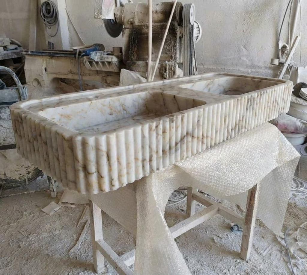 Handcarved Calacatta Gold marble double basin sink by Marblyart, custom made to order — photo 9 of 13