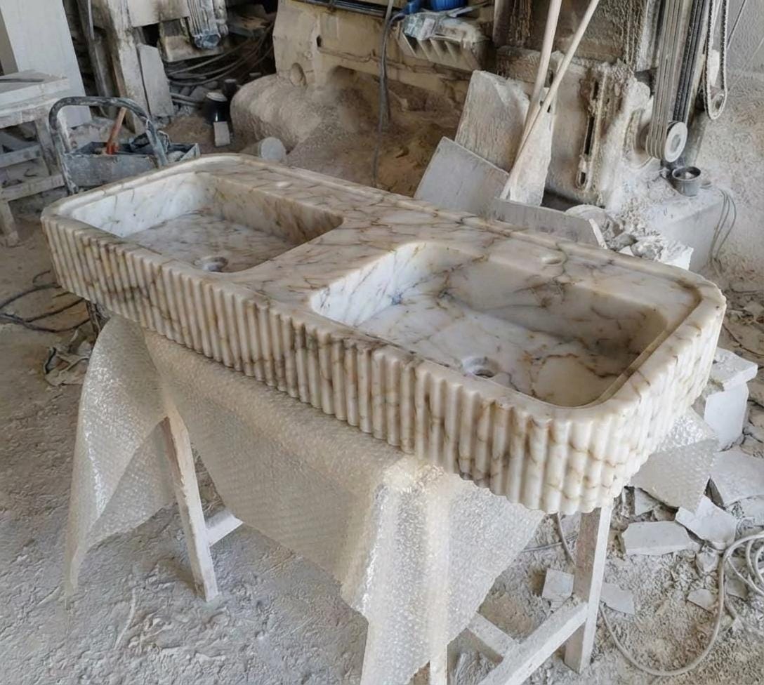 Handcarved Calacatta Gold marble double basin sink by Marblyart, custom made to order — photo 4 of 13