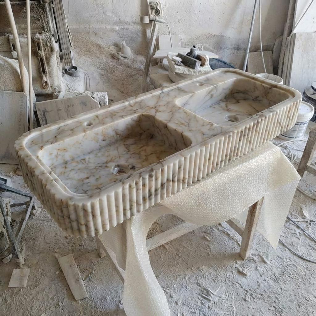 Handcarved Calacatta Gold marble double basin sink by Marblyart, custom made to order — photo 10 of 13