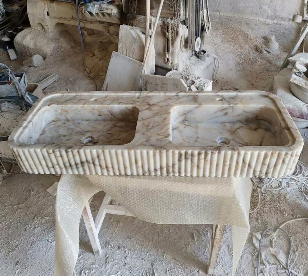 Handcarved Calacatta Gold marble double basin sink by Marblyart, custom made to order — photo 11 of 13