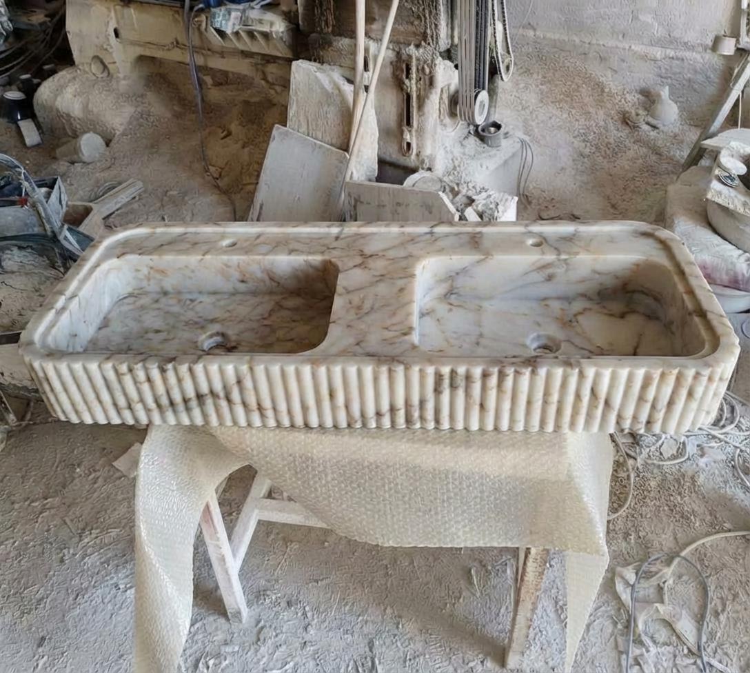 Handcarved Calacatta Gold marble double basin sink by Marblyart, custom made to order — photo 11 of 13