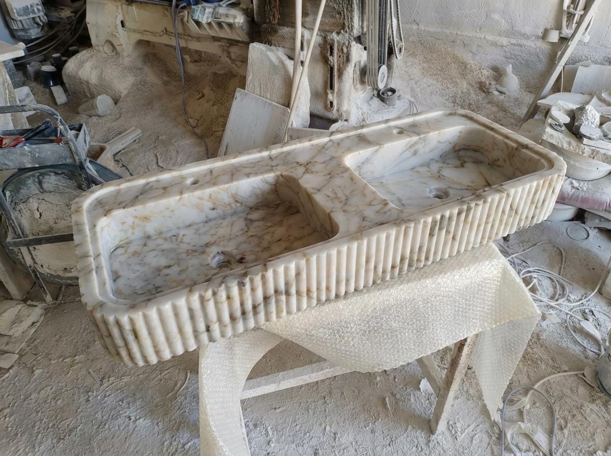 Handcarved Calacatta Gold marble double basin sink by Marblyart, custom made to order — photo 3 of 13