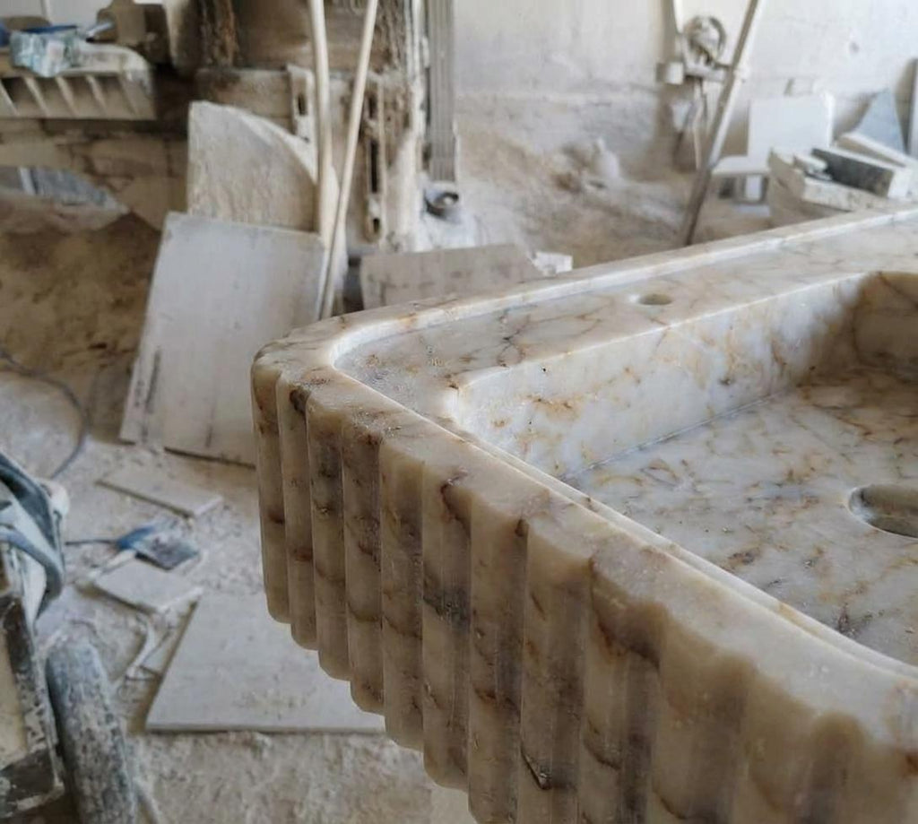 Handcarved Calacatta Gold marble double basin sink by Marblyart, custom made to order — photo 6 of 13