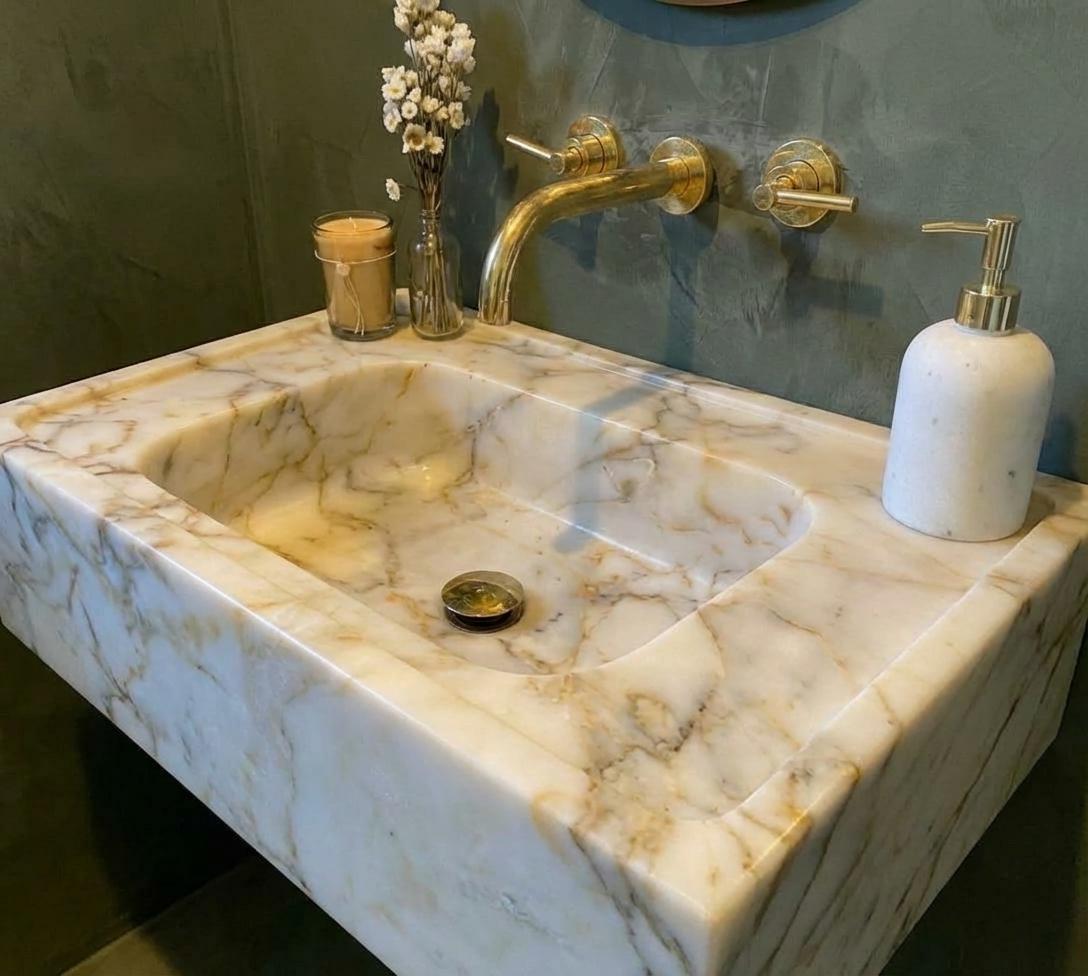 Handcarved Calacatta Gold marble vessel sink by Marblyart, custom made to order — photo 4 of 13