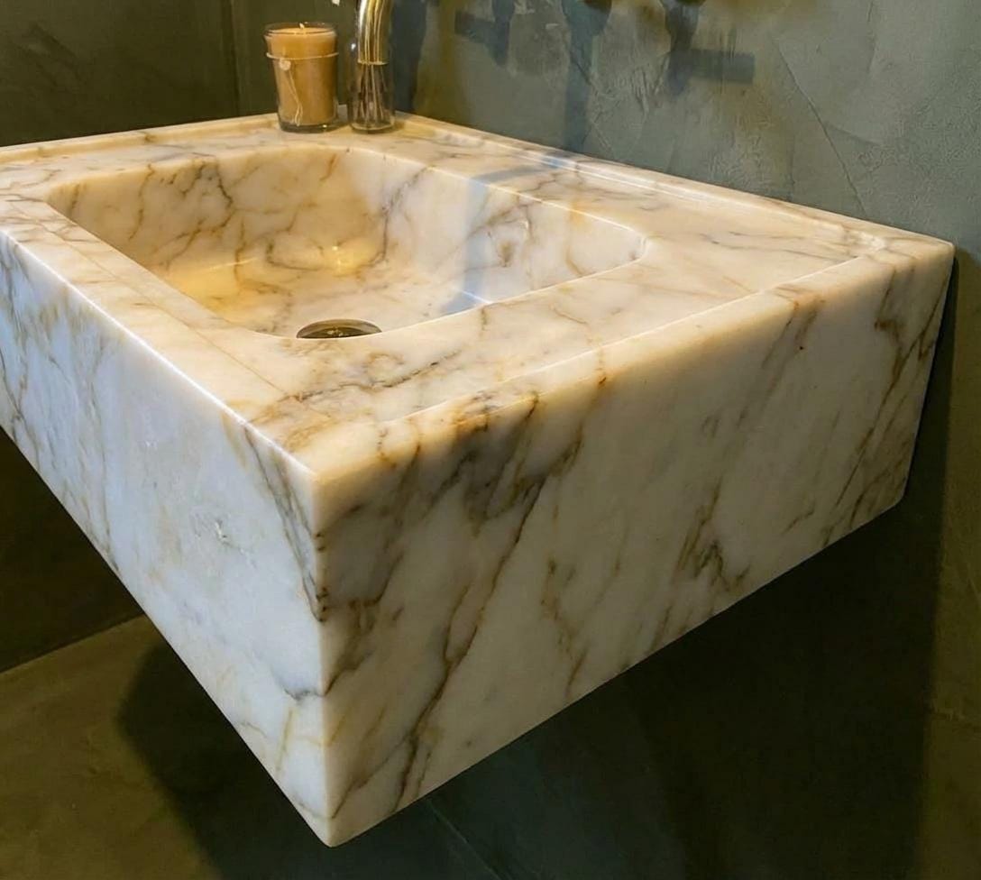 Handcarved Calacatta Gold marble vessel sink by Marblyart, custom made to order — photo 6 of 13