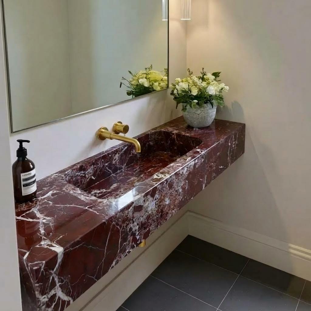 Handcarved Rosso Levanto marble floating vanity sink by Marblyart, custom made to order — photo 6 of 11