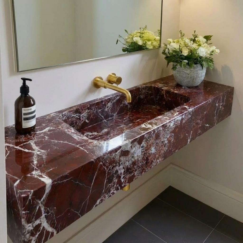 Handcarved Rosso Levanto marble floating vanity sink by Marblyart, custom made to order — photo 8 of 11