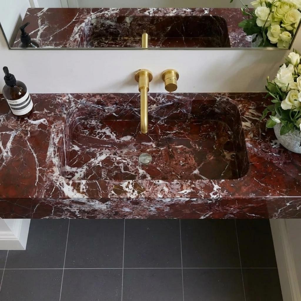 Handcarved Rosso Levanto marble floating vanity sink by Marblyart, custom made to order — photo 10 of 11