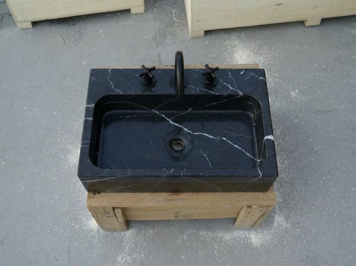 Handcarved Nero Marquina marble vessel sink by Marblyart, custom made to order — photo 5 of 17