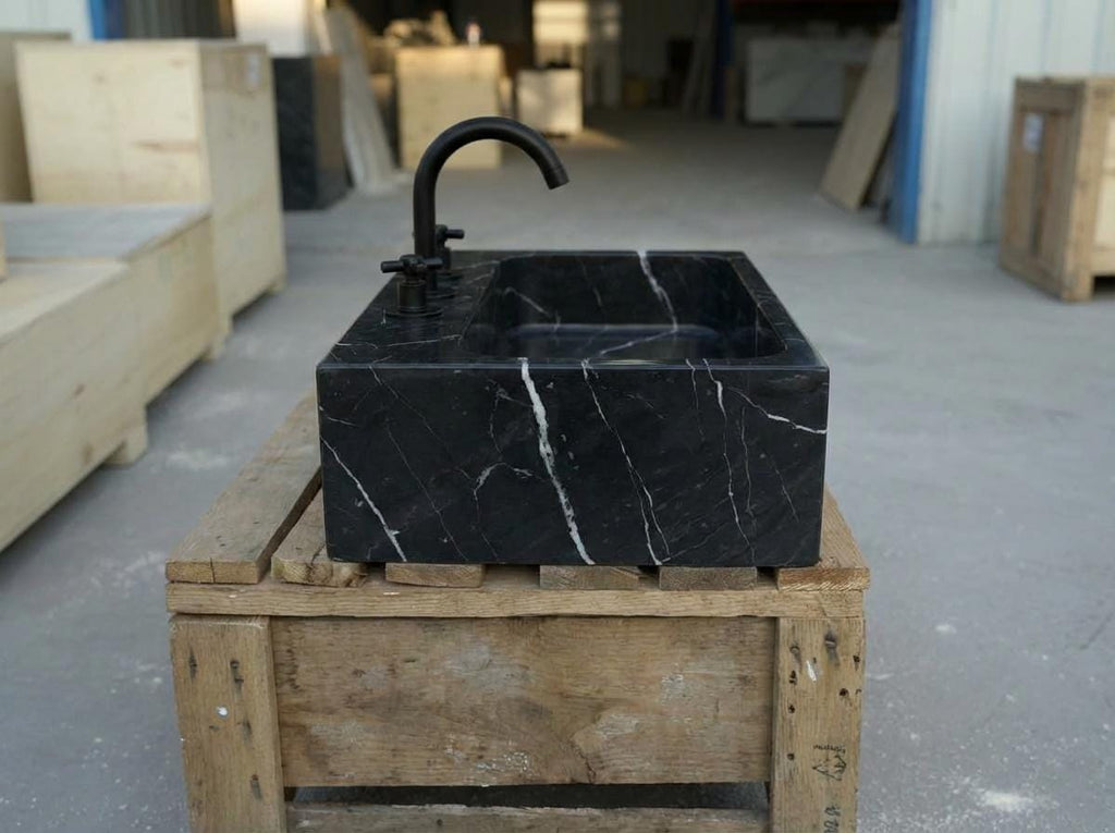 Handcarved Nero Marquina marble vessel sink by Marblyart, custom made to order — photo 4 of 17