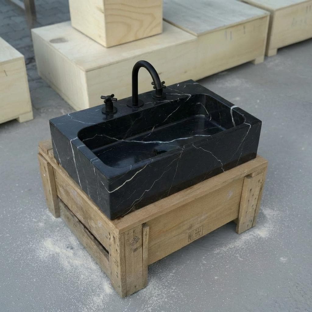 Handcarved Nero Marquina marble vessel sink by Marblyart, custom made to order — photo 10 of 17