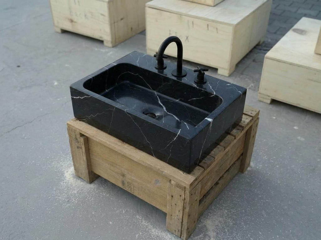 Handcarved Nero Marquina marble vessel sink by Marblyart, custom made to order — photo 8 of 17