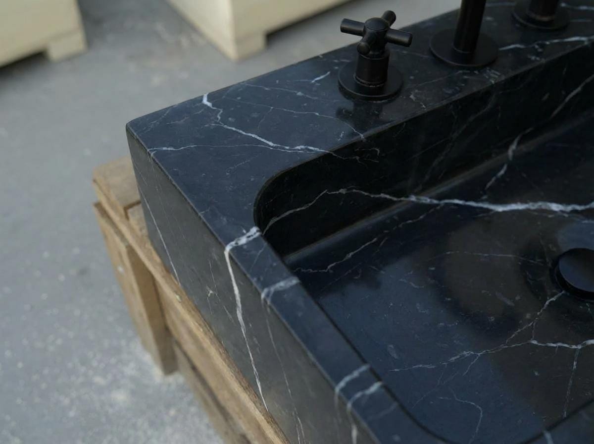 Handcarved Nero Marquina marble vessel sink by Marblyart, custom made to order — photo 2 of 17
