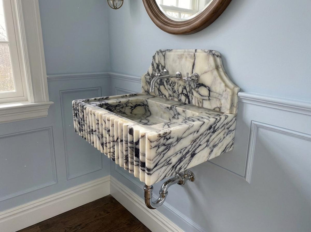 Handcarved natural marble marble floating vanity sink by Marblyart, custom made to order — photo 8 of 12