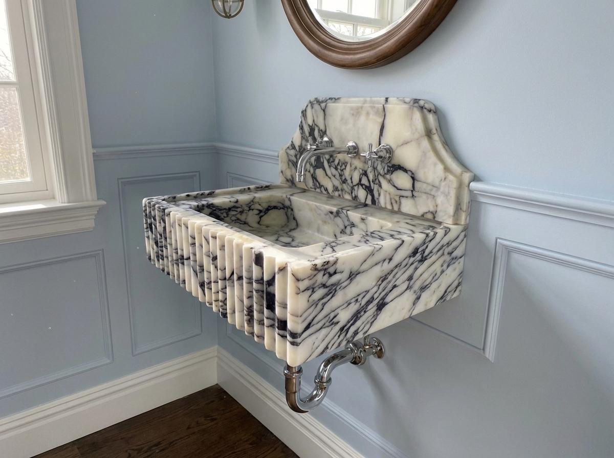 Handcarved natural marble marble floating vanity sink by Marblyart, custom made to order — photo 8 of 12