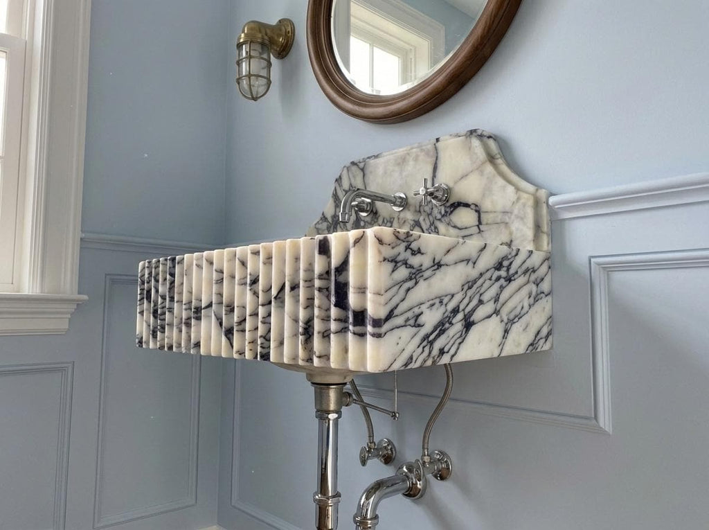 Handcarved natural marble marble floating vanity sink by Marblyart, custom made to order — photo 9 of 12