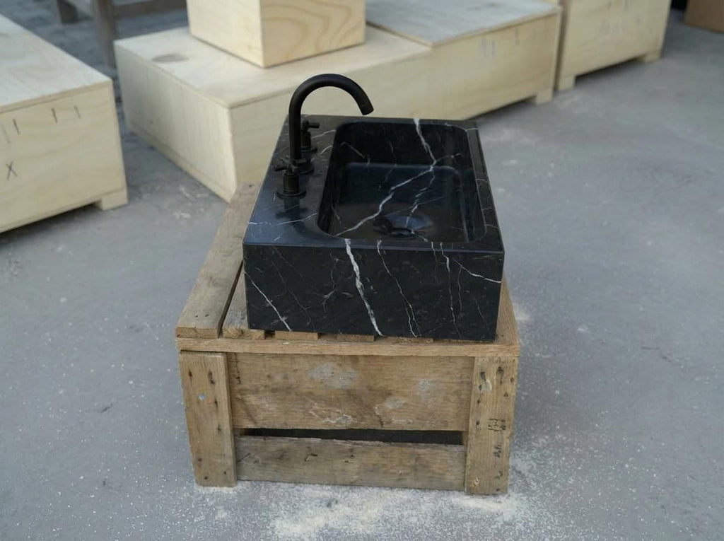 Handcarved Nero Marquina marble vessel sink by Marblyart, custom made to order — photo 11 of 17