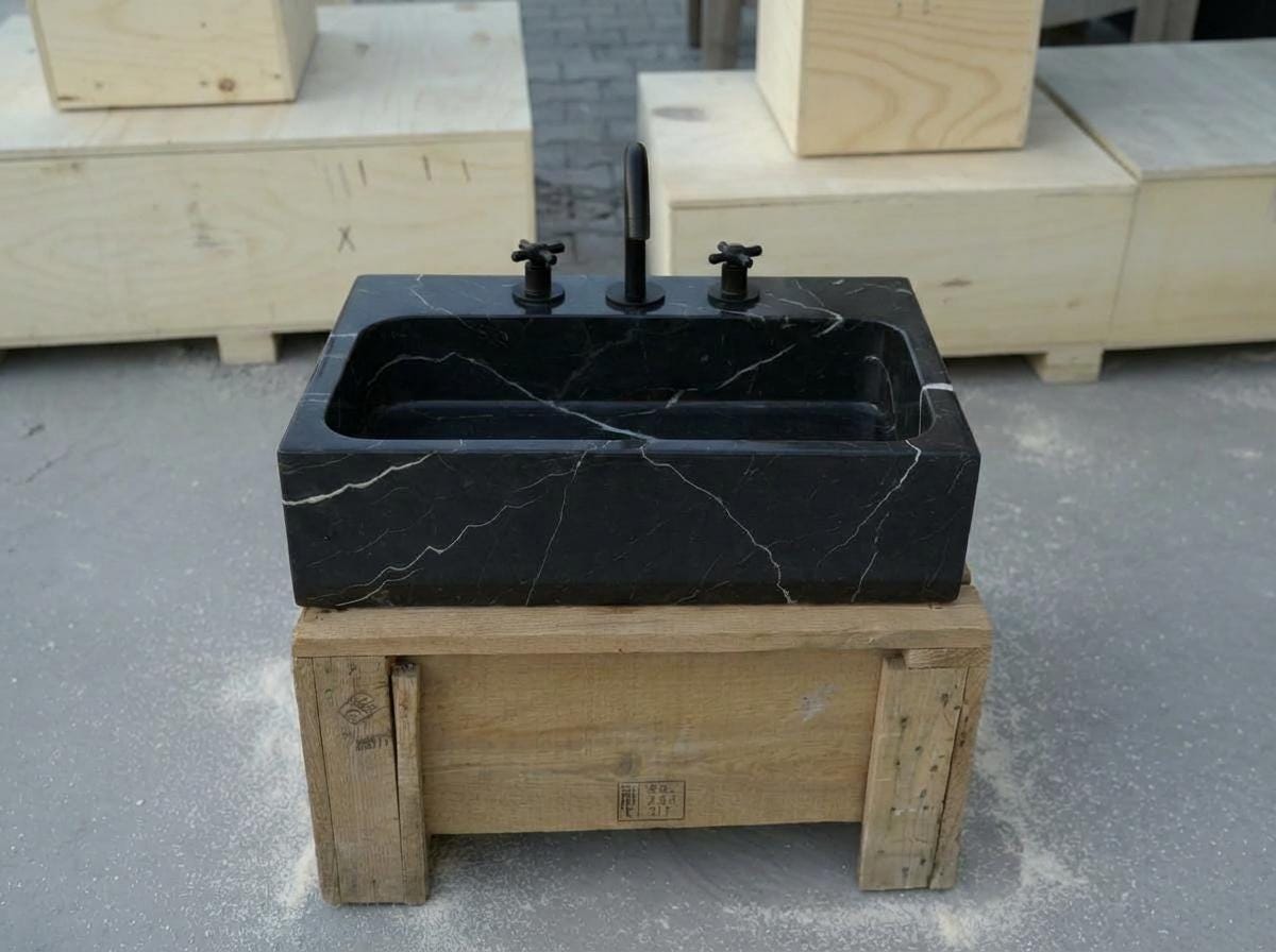 Handcarved Nero Marquina marble vessel sink by Marblyart, custom made to order — photo 3 of 17
