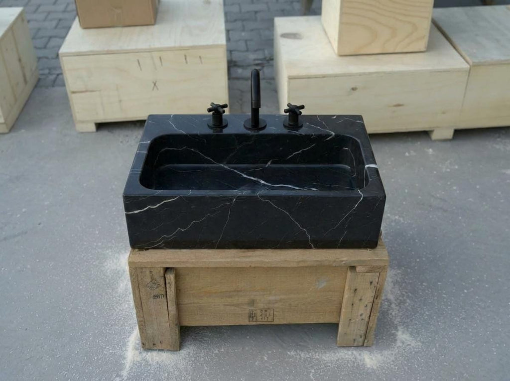 Handcarved Nero Marquina marble vessel sink by Marblyart, custom made to order — photo 7 of 17