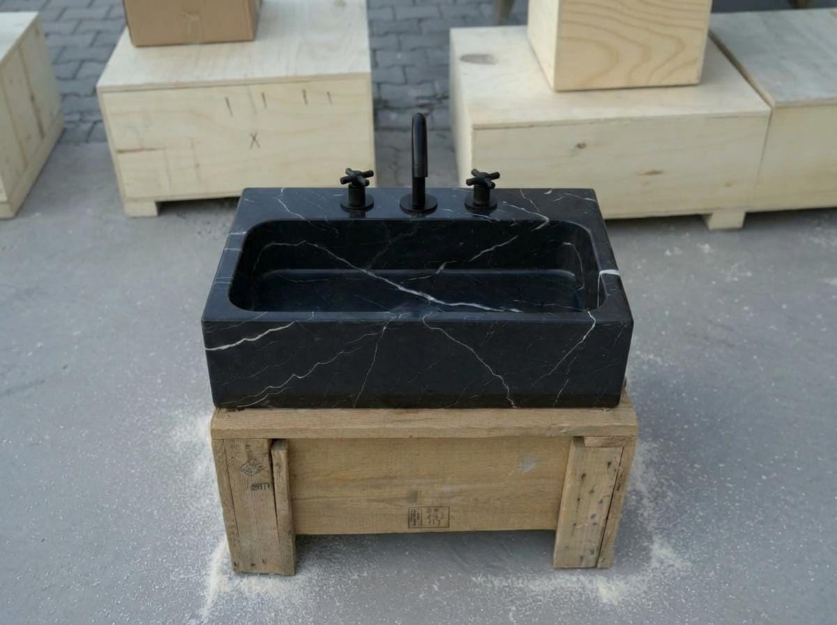 Handcarved Nero Marquina marble vessel sink by Marblyart, custom made to order — photo 7 of 17