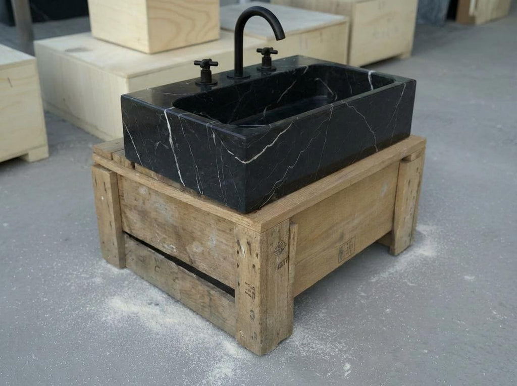 Handcarved Nero Marquina marble vessel sink by Marblyart, custom made to order — photo 9 of 17