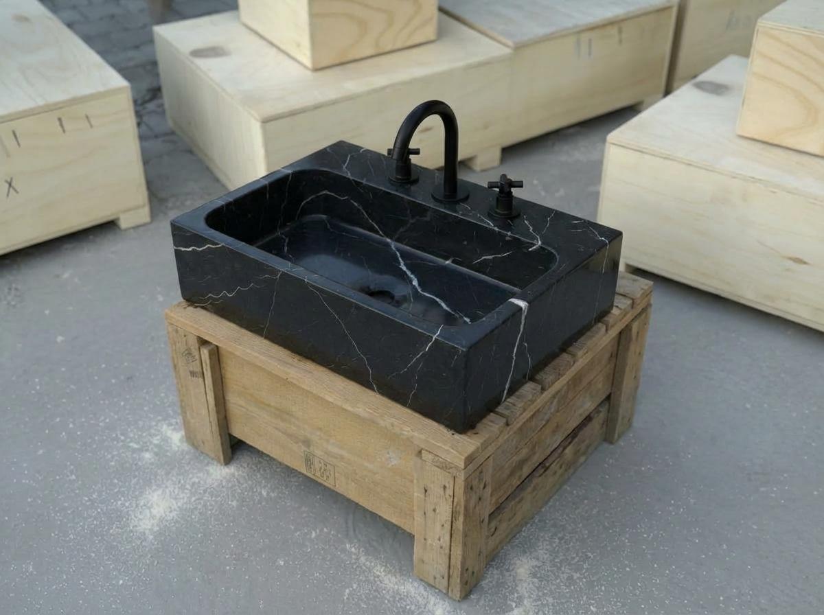 Handcarved Nero Marquina marble vessel sink by Marblyart, custom made to order — photo 13 of 17