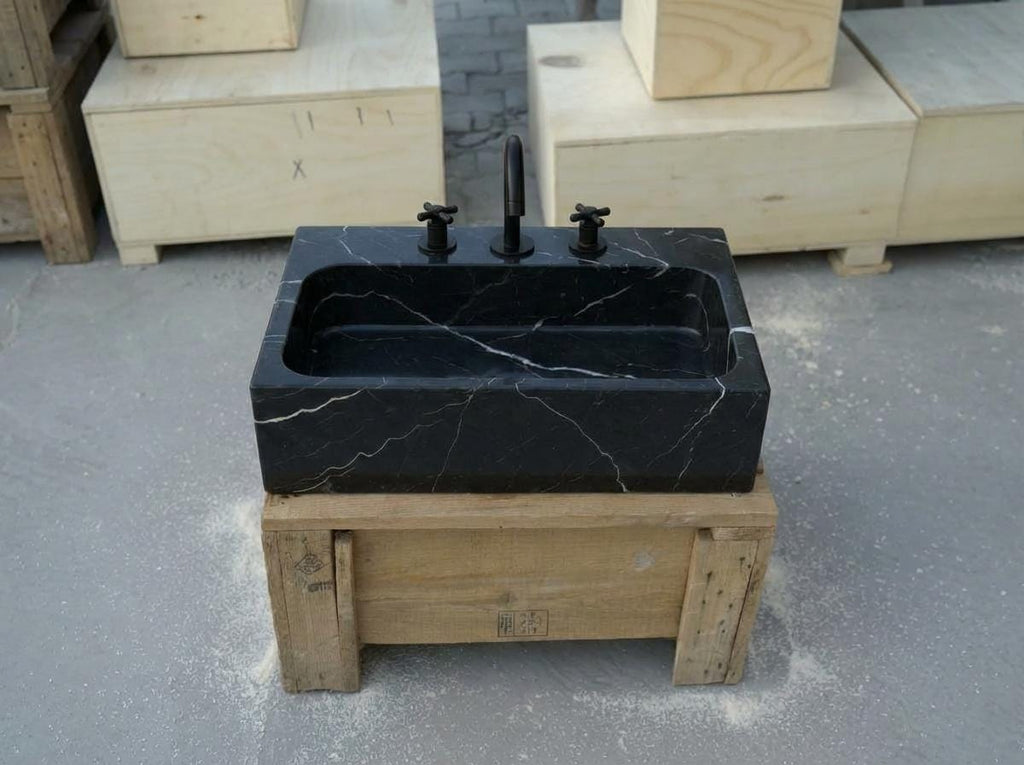 Handcarved Nero Marquina marble vessel sink by Marblyart, custom made to order — photo 12 of 17