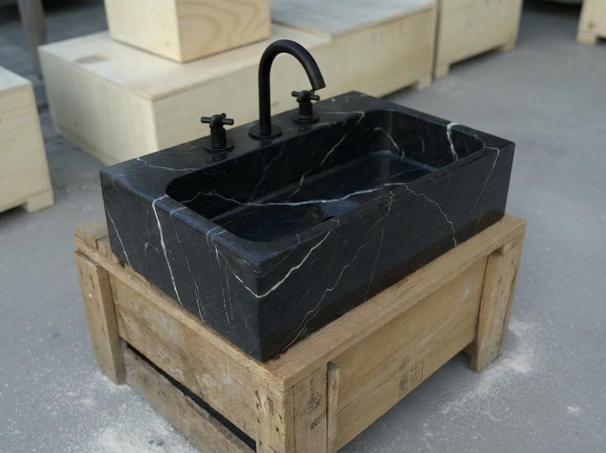 Handcarved Nero Marquina marble vessel sink by Marblyart, custom made to order — photo 16 of 17