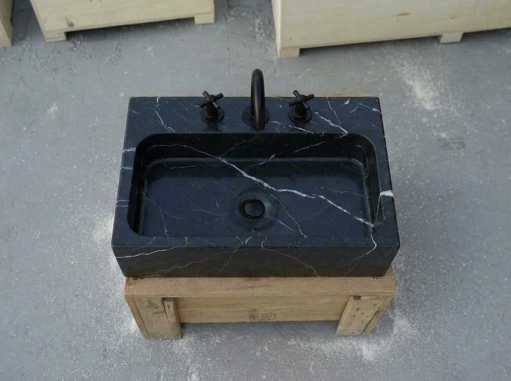 Handcarved Nero Marquina marble vessel sink by Marblyart, custom made to order — photo 15 of 17