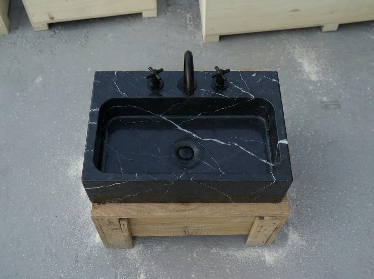 Handcarved Nero Marquina marble vessel sink by Marblyart, custom made to order — photo 15 of 17