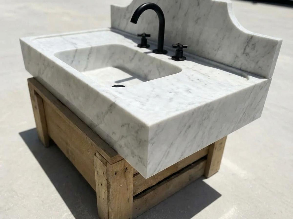 Handcarved Carrara marble floating vanity sink by Marblyart, custom made to order — photo 8 of 15