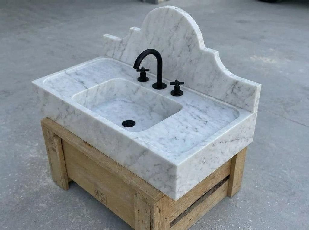 Handcarved Carrara marble floating vanity sink by Marblyart, custom made to order — photo 11 of 15