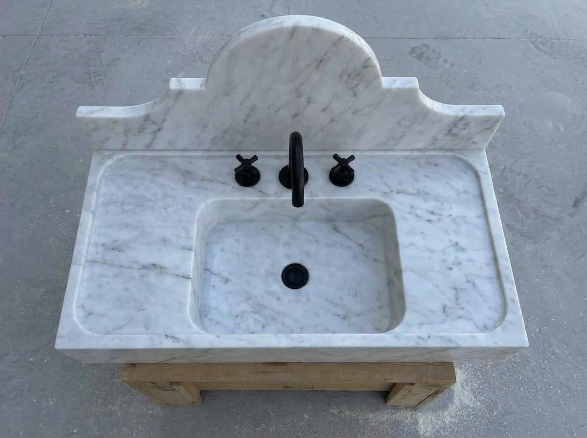 Handcarved Carrara marble floating vanity sink by Marblyart, custom made to order — photo 14 of 15