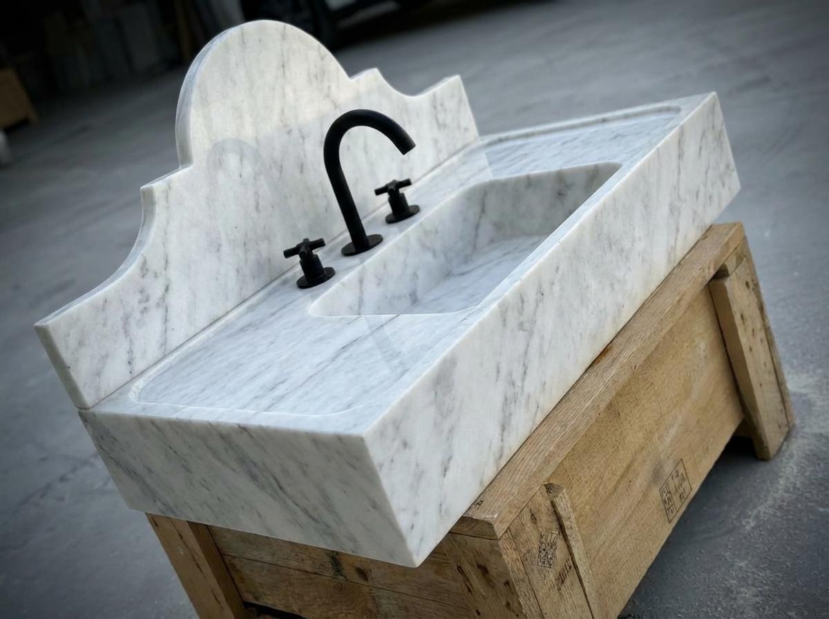Handcarved Carrara marble floating vanity sink by Marblyart, custom made to order — photo 15 of 15