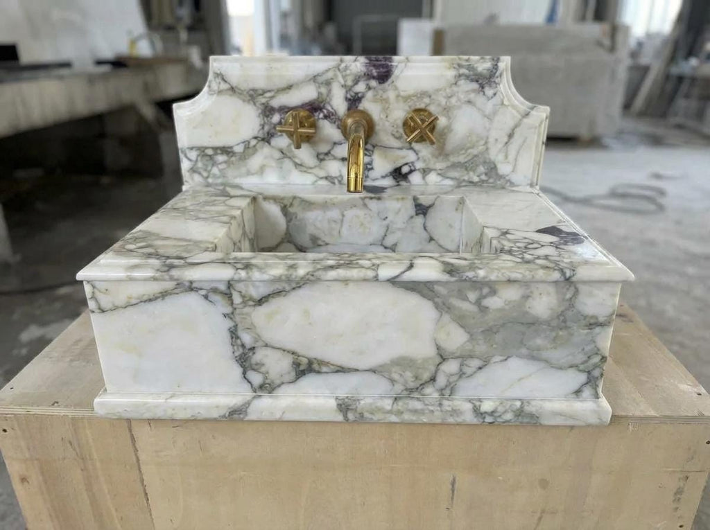 Handcarved Calacatta Monet marble wall mounted sink by Marblyart, custom made to order — photo 3 of 11