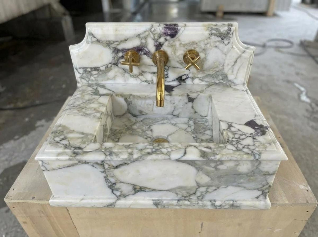 Handcarved Calacatta Monet marble wall mounted sink by Marblyart, custom made to order — photo 6 of 11