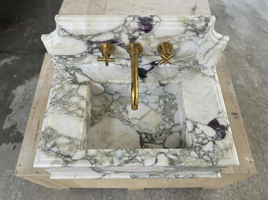 Handcarved Calacatta Monet marble wall mounted sink by Marblyart, custom made to order — photo 11 of 11