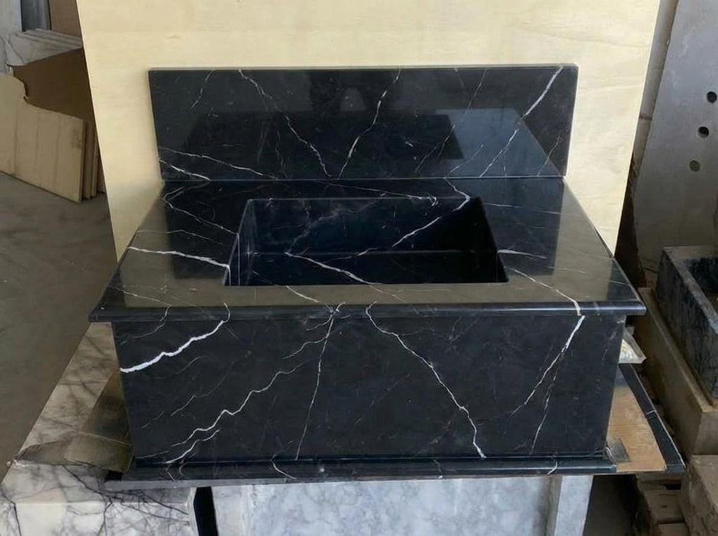 Handcarved Nero Marquina marble wall mounted sink by Marblyart, custom made to order — photo 3 of 13