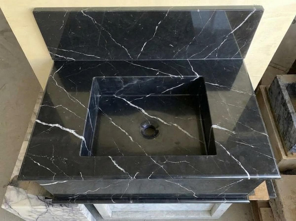 Handcarved Nero Marquina marble wall mounted sink by Marblyart, custom made to order — photo 7 of 13