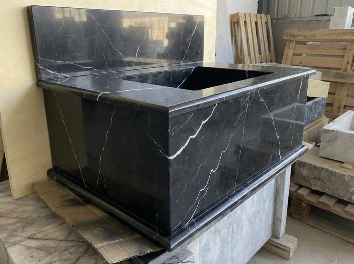 Handcarved Nero Marquina marble wall mounted sink by Marblyart, custom made to order — photo 12 of 13