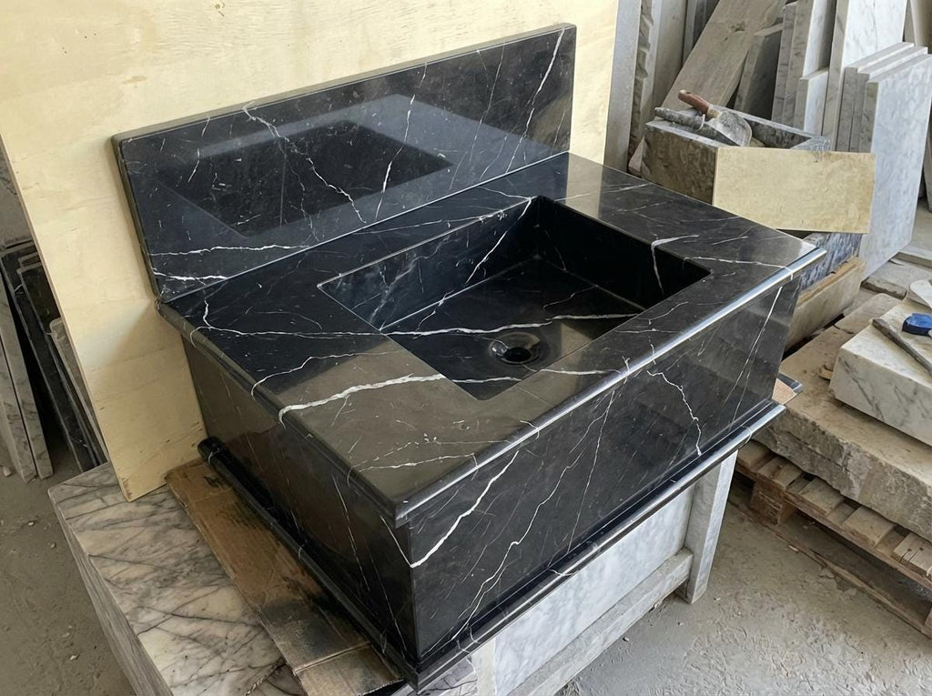 Handcarved Nero Marquina marble wall mounted sink by Marblyart, custom made to order — photo 9 of 13