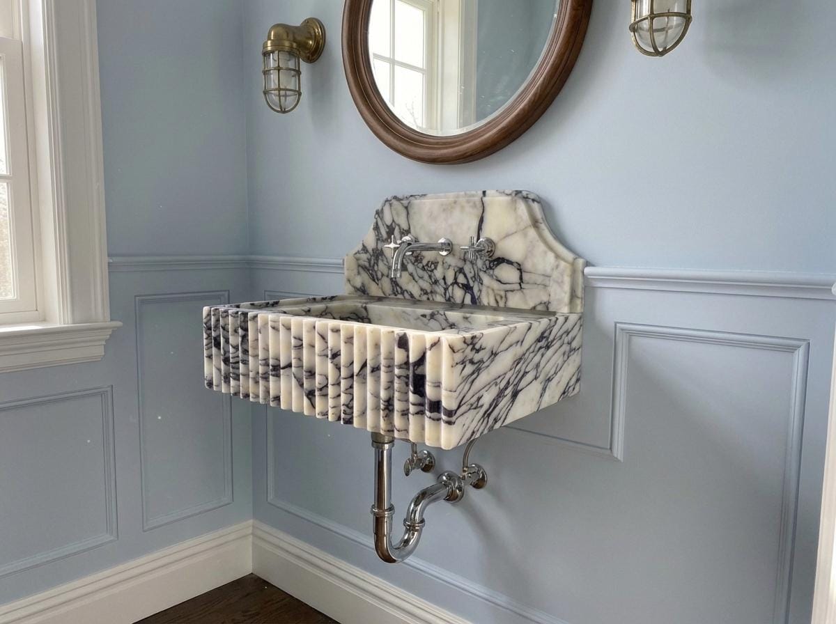 Handcarved natural marble marble floating vanity sink by Marblyart, custom made to order — photo 11 of 12