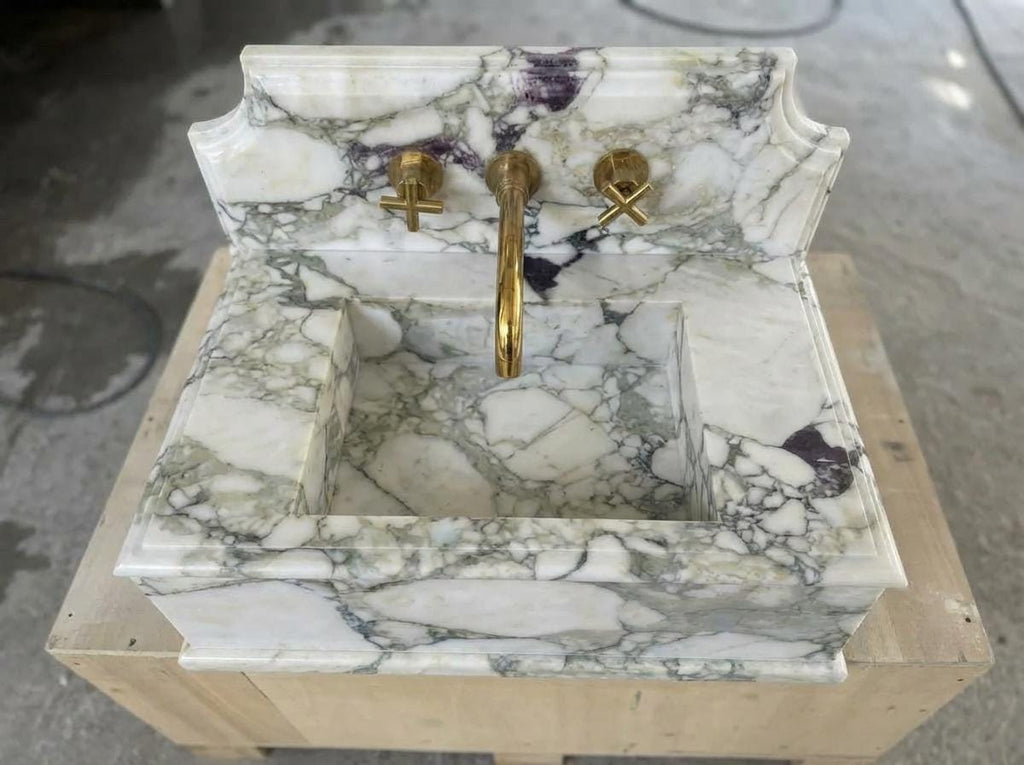 Handcarved Calacatta Monet marble wall mounted sink by Marblyart, custom made to order — photo 9 of 11