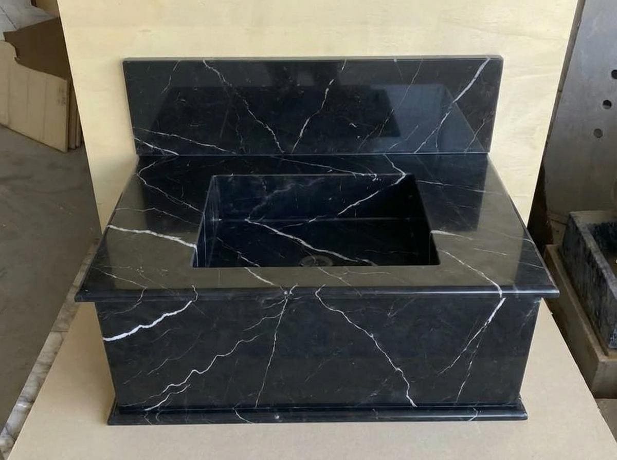 Handcarved Nero Marquina marble wall mounted sink by Marblyart, custom made to order — photo 5 of 13