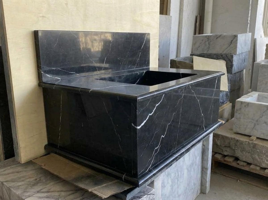 Handcarved Nero Marquina marble wall mounted sink by Marblyart, custom made to order — photo 6 of 13