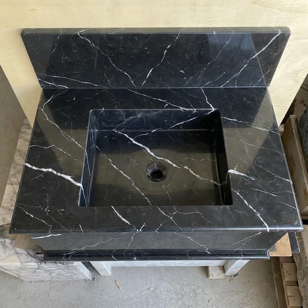 Handcarved Nero Marquina marble wall mounted sink by Marblyart, custom made to order — photo 4 of 13