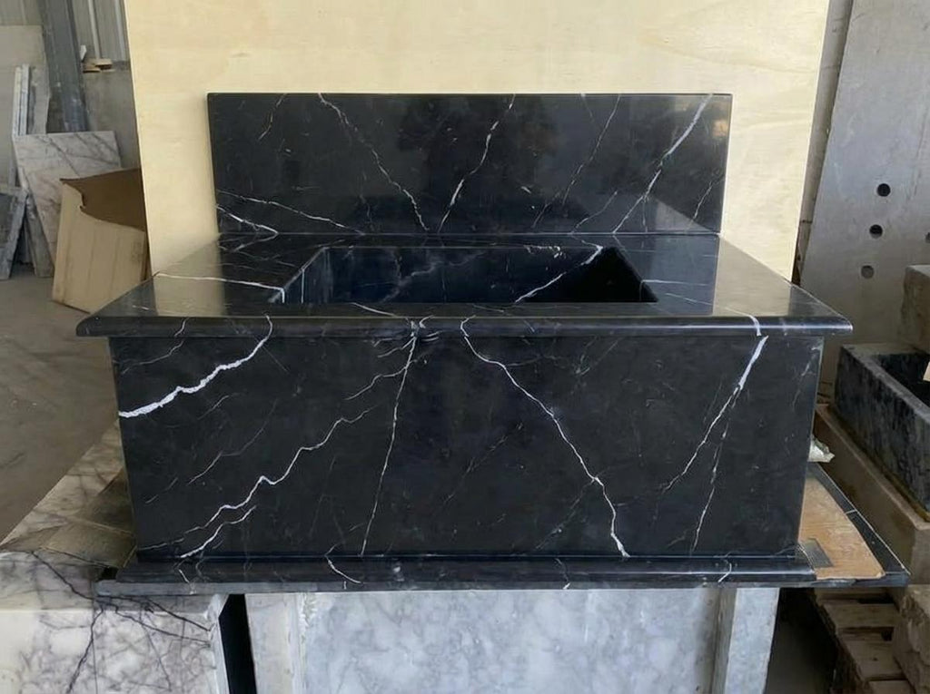Handcarved Nero Marquina marble wall mounted sink by Marblyart, custom made to order — photo 11 of 13