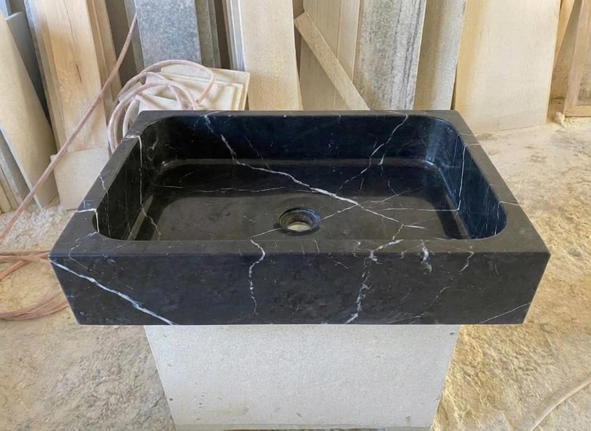 Handcarved Nero Marquina marble vessel sink by Marblyart, custom made to order — photo 6 of 13